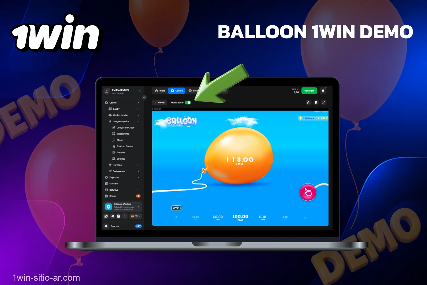 El modo de demostración del juego Balloon 1win te permite familiarizarte con el juego sin usar dinero real