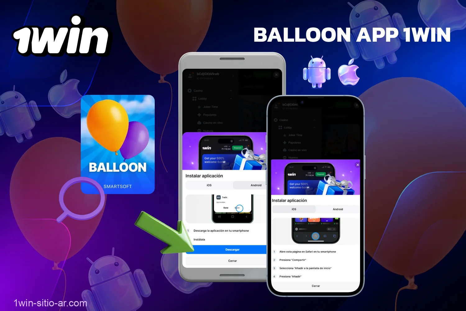 Balloon de 1win está disponible para usuarios argentinos a través de la app oficial, compatible con teléfonos y tablets con sistemas Android e iOS