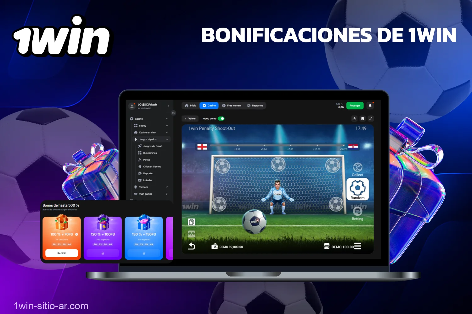Entre los beneficios para los jugadores de Penalty Shoot Out en 1win Argentina se encuentra el bono de bienvenida del casino