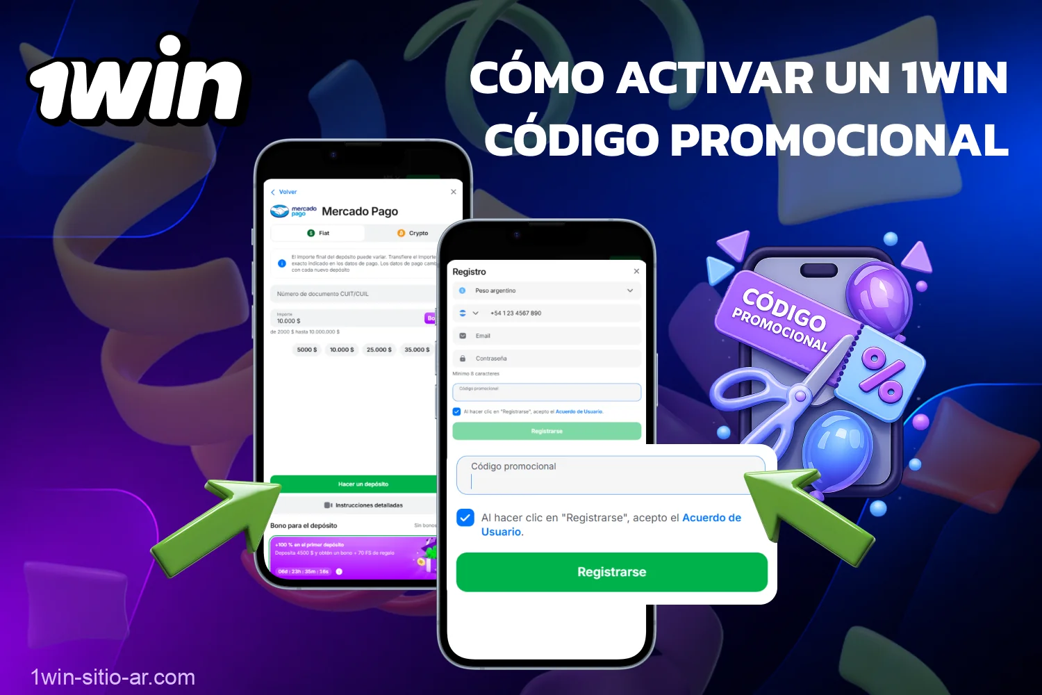 Para recibir el bono, los jugadores de Argentina deben activar el cupón al registrarse en el casino 1win