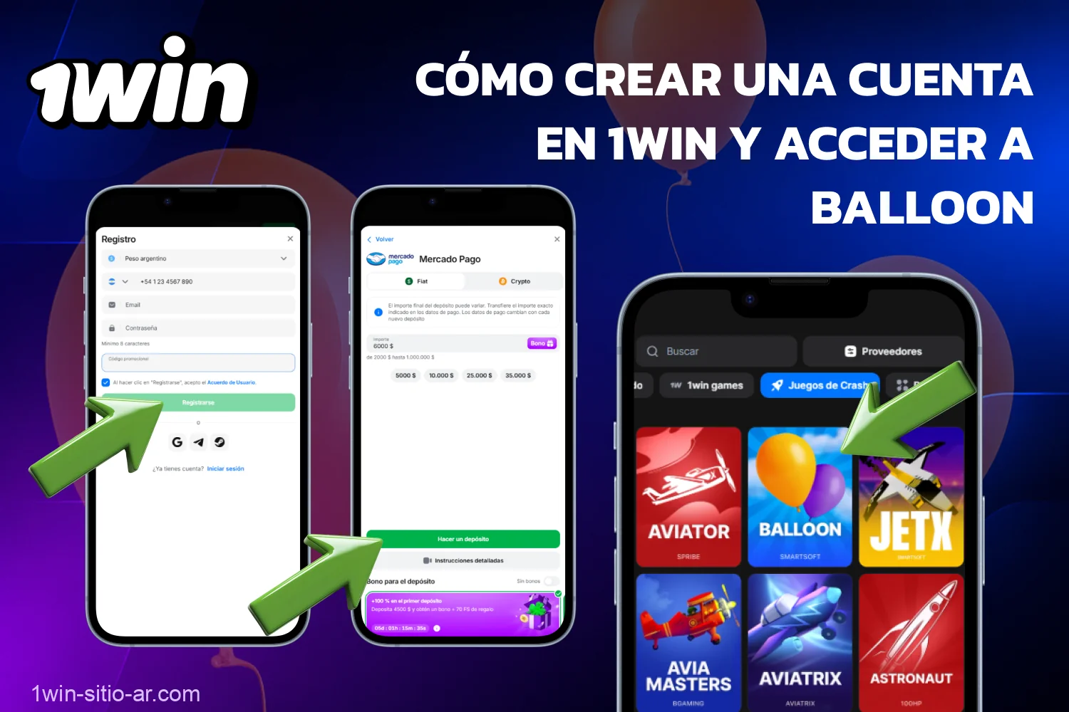 Para comenzar a jugar en Balloon de 1win, los usuarios de Argentina deben registrarse y añadir fondos a su cuenta