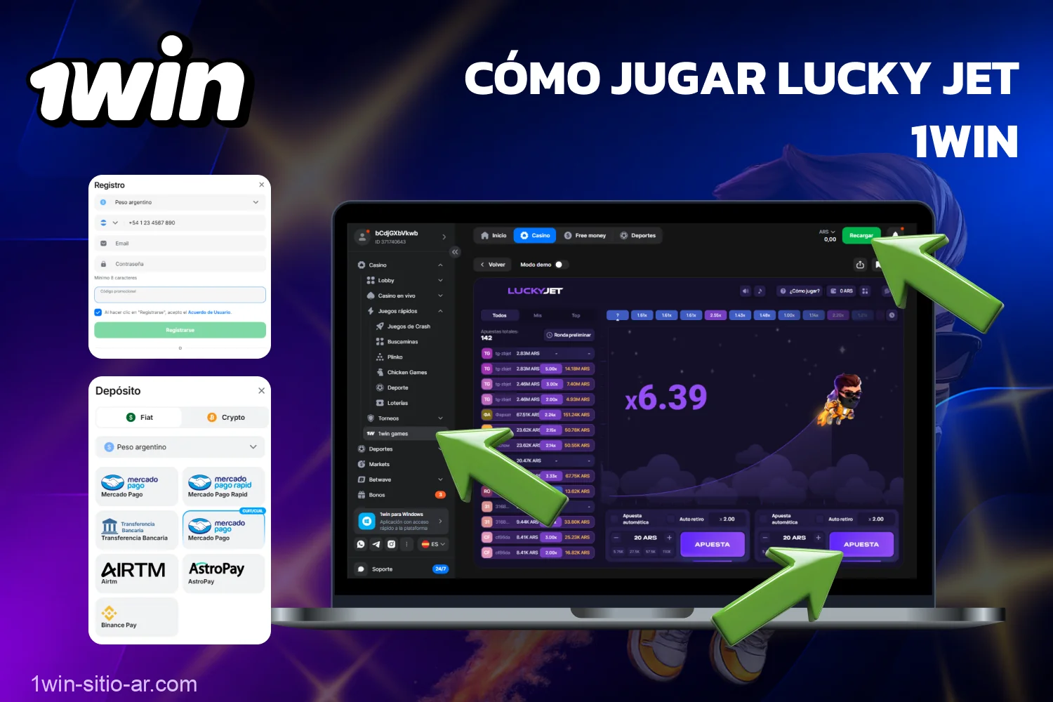 Para realizar la primera apuesta en el juego Lucky Jet de 1win, los jugadores de Argentina deben registrarse y recargar su cuenta