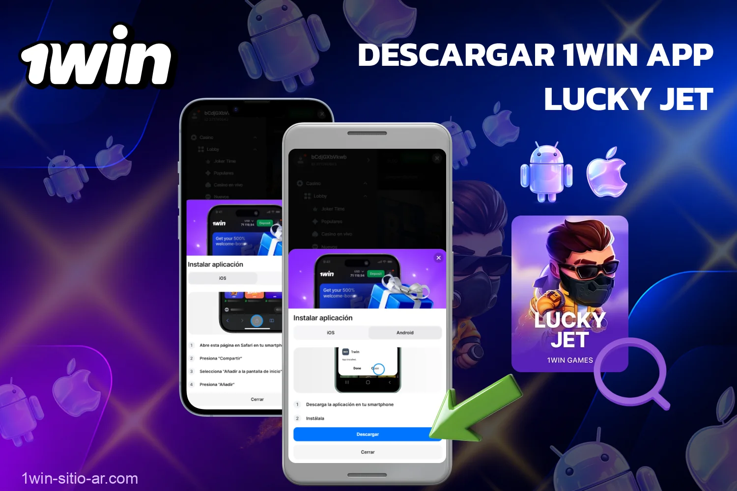 El juego en línea Lucky Jet está disponible en Argentina a través de la aplicación de 1win para Android y iOS